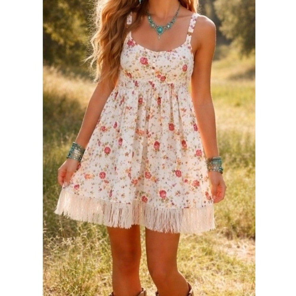 NWT Eddy Gavin Fringe Mini Babydoll Dress Whimsy Gold Butterly Print $328 M